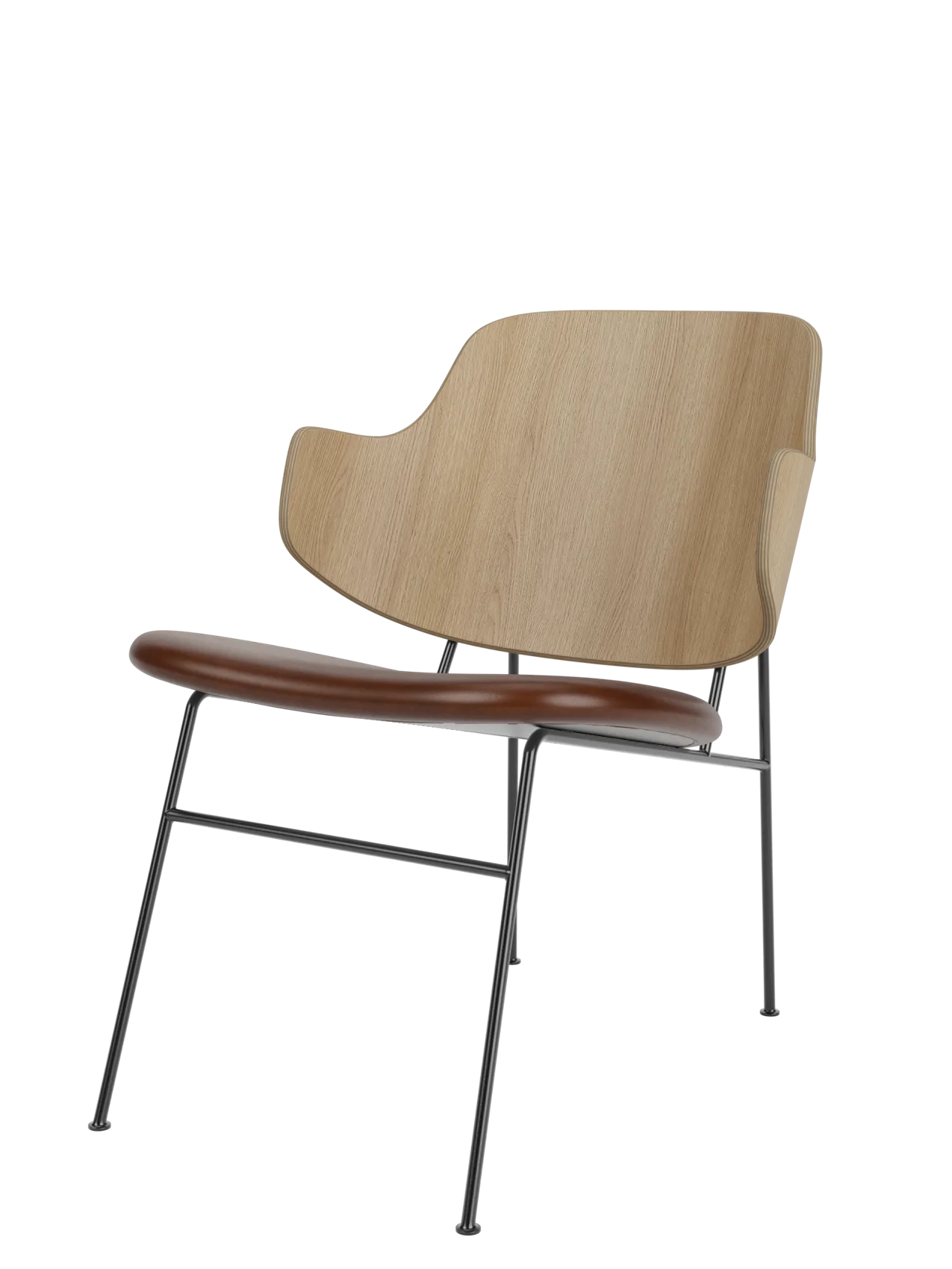 The Penguin Lounge Chair with a natural oak back, brown upholstered seat, and thin black metal frame, on a black background.