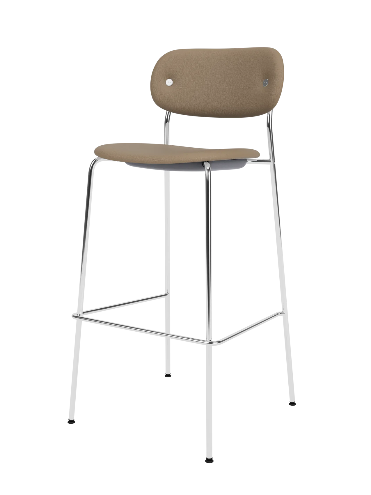 Fully upholstered Co Bar Chair in tan Sierra leather featuring a slender chrome tubular steel frame and footrest.