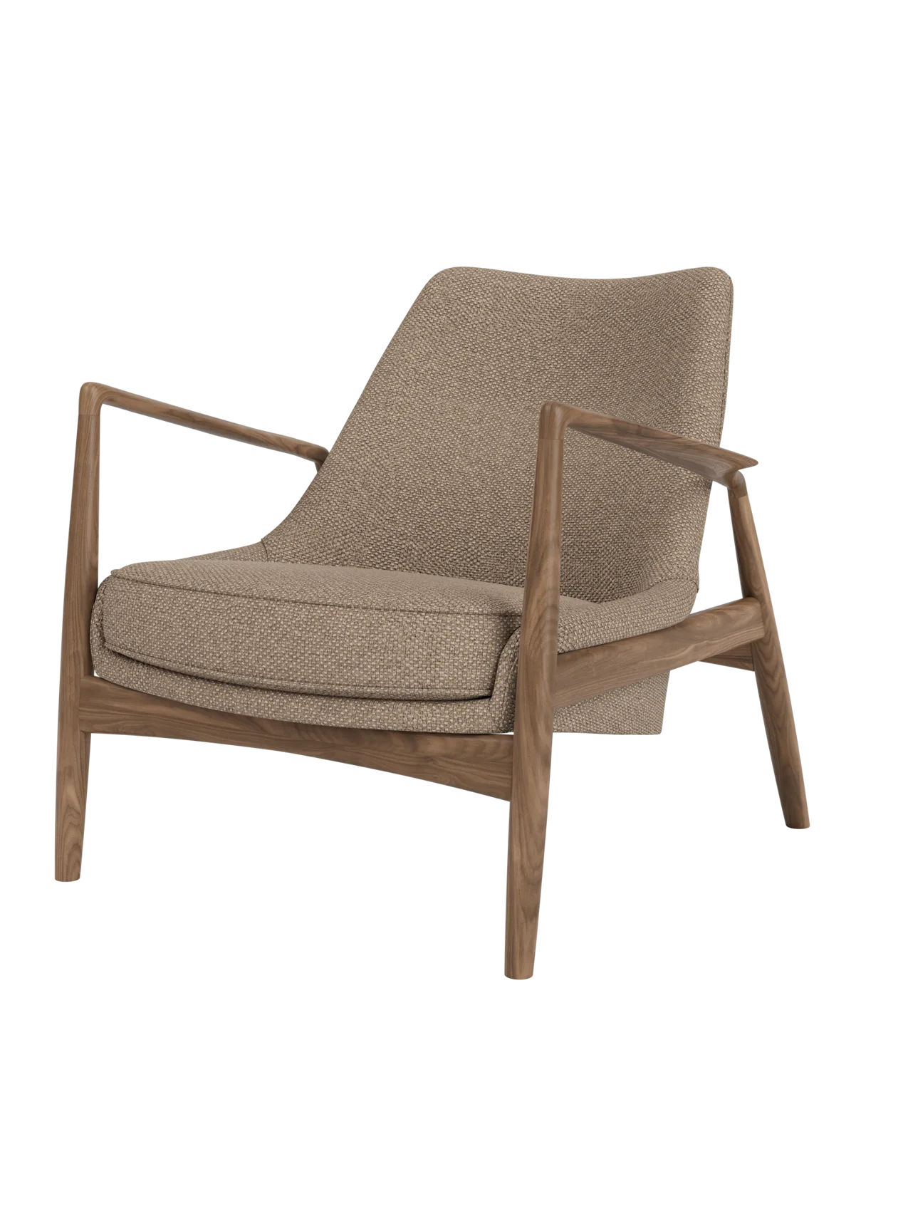 The Seal Lounge Chair, Low Back, with an angled walnut frame and textured Logan Flint fabric upholstery.