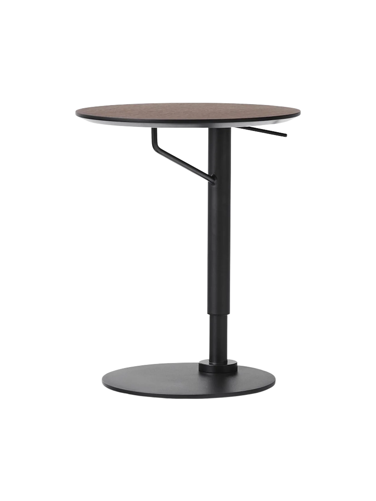 Angled view of the height-adjustable Branch Side Table with a dark round tabletop and black steel column with a flat base.