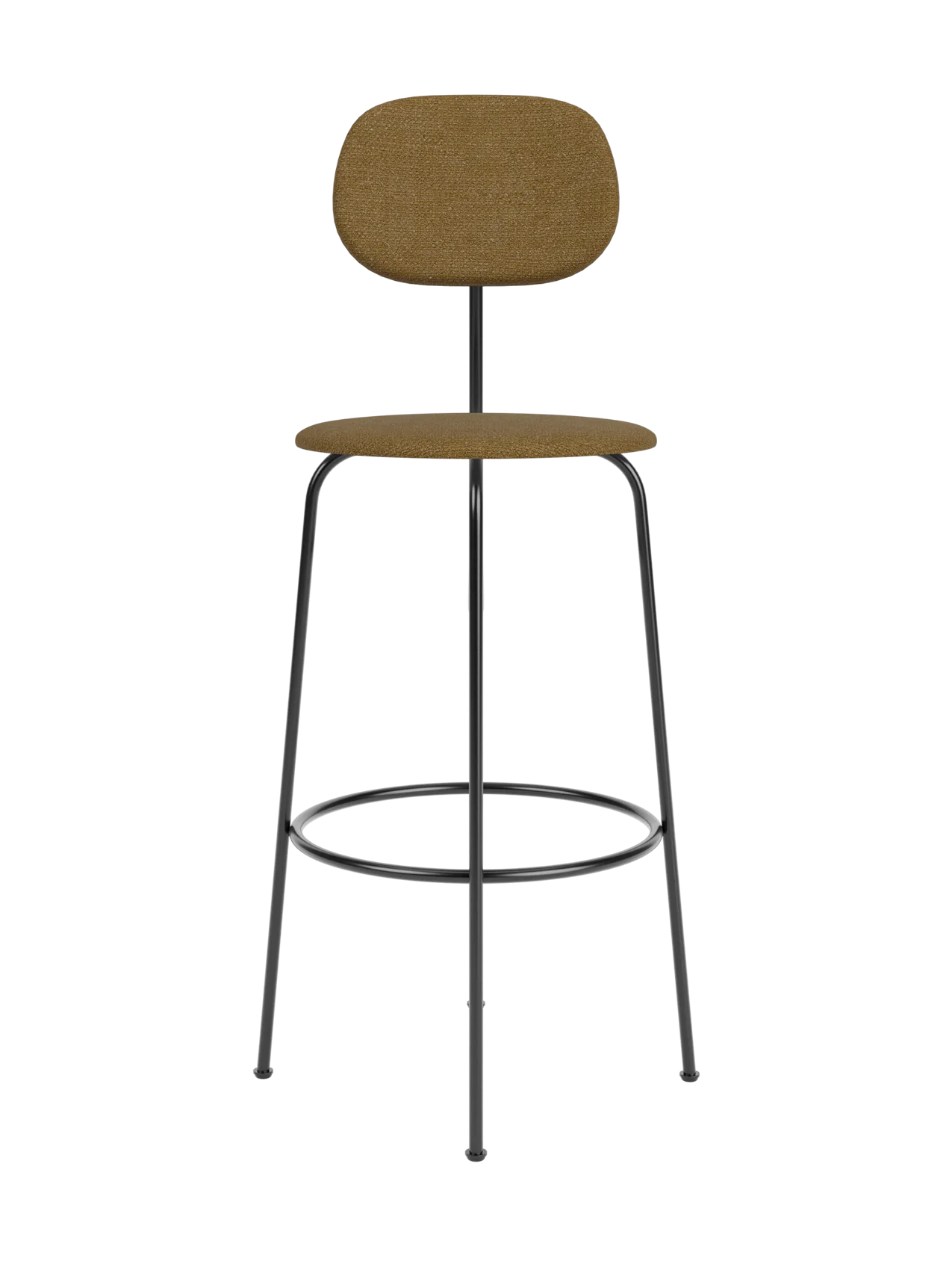 Front view of the Afteroom Bar Chair Plus, fully upholstered in a brown textured fabric with a slender black metal frame.