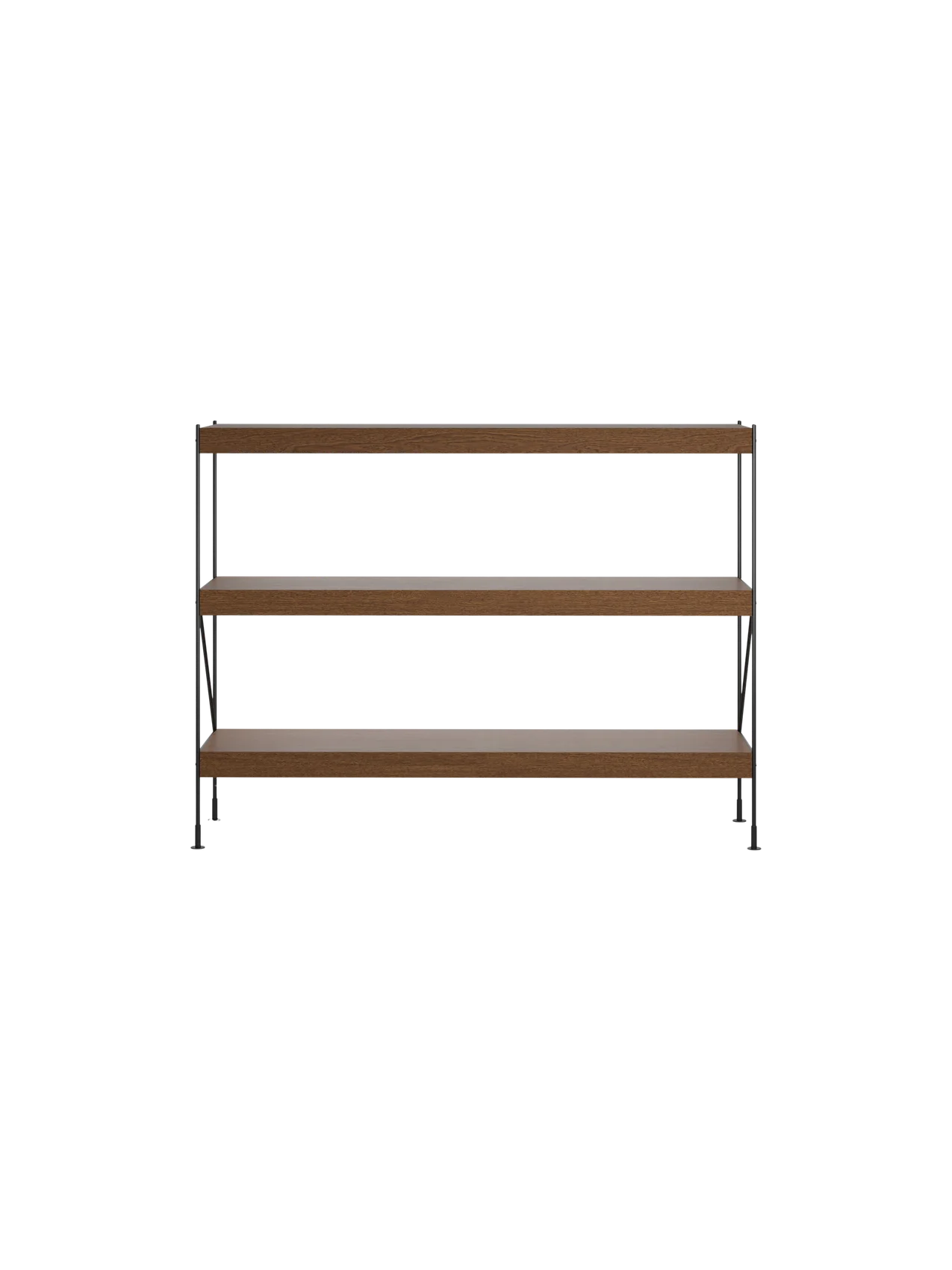 Back view of the Zet Storage System, a three-tiered unit with dark stained oak shelves on a minimalist black steel frame.