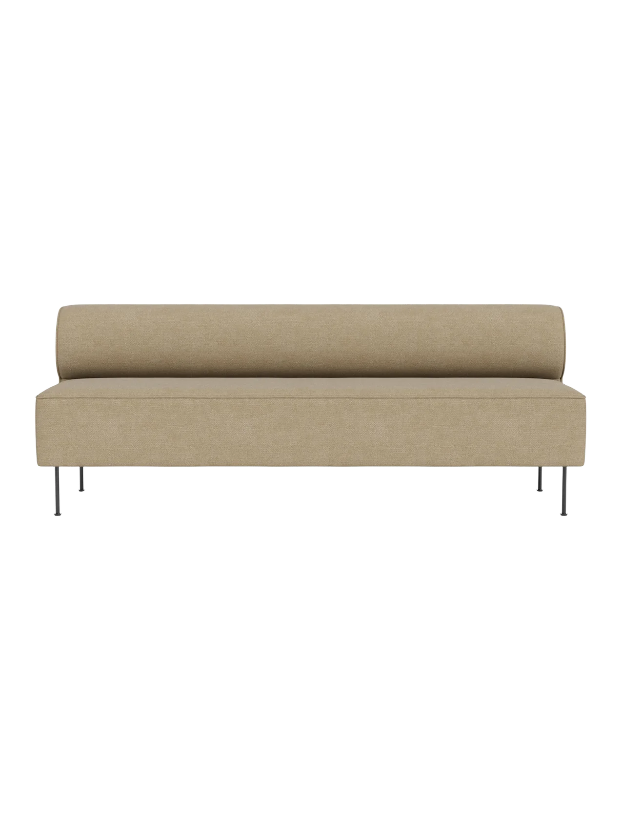 Front view of the Eave Dining Sofa in Audo Bouclé 02. The minimalist sofa has a low, rounded back and slim metal legs.