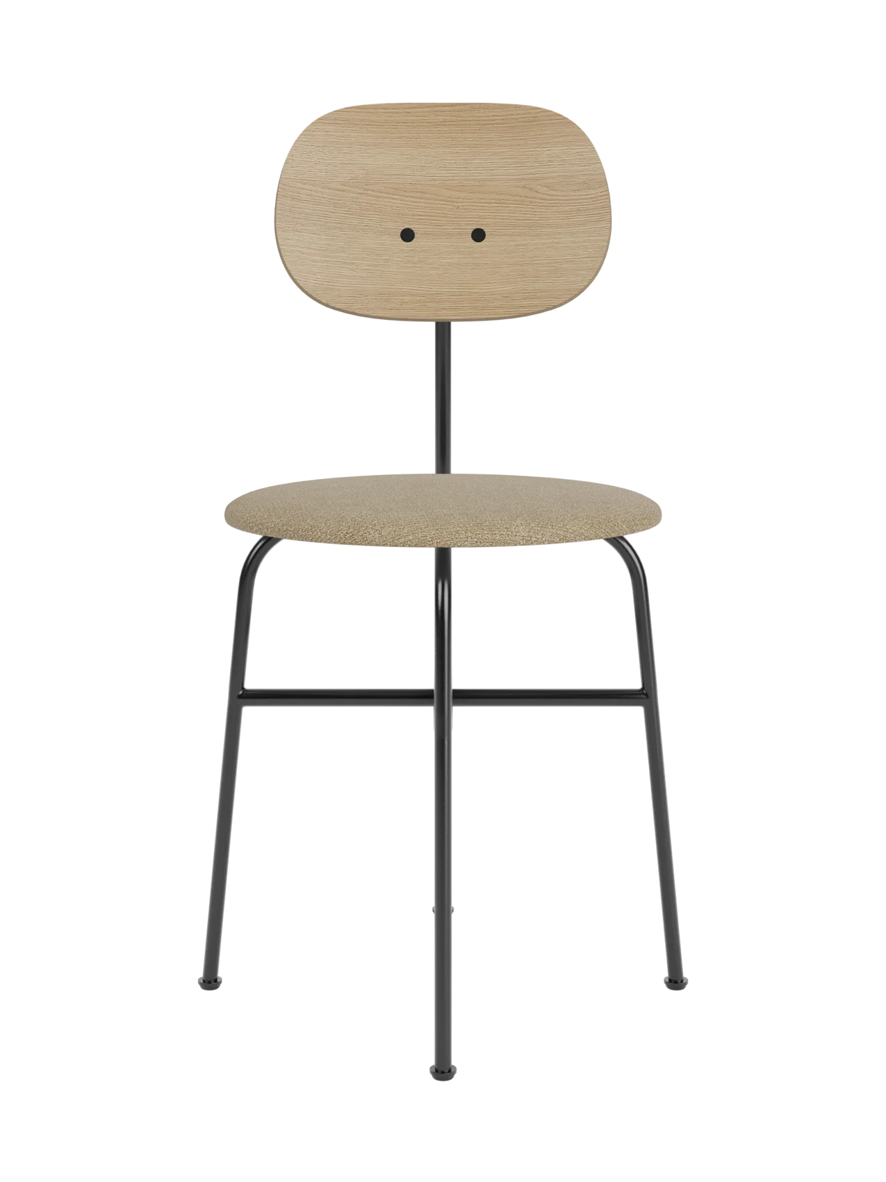 Afteroom Dining Chair Plus featuring a natural oak backrest and Audo bouclé seat on a black powder-coated steel frame.