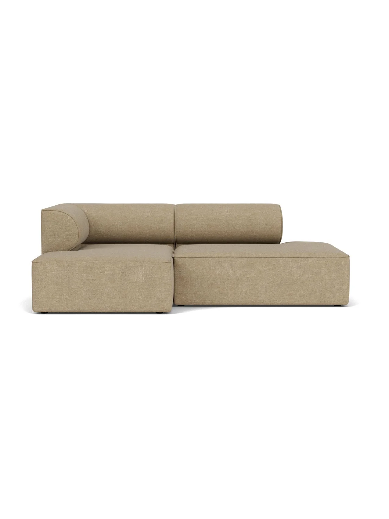 Front view of the beige Eave Modular Sofa, 2.5-seater, with a curved armrest on the left and a chaise longue on the right.