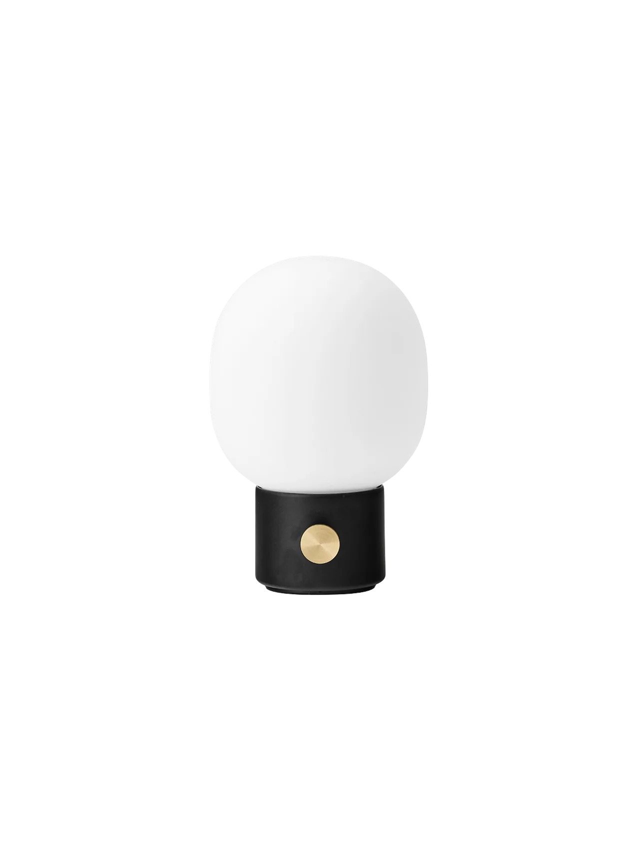 Front view of the JWDA Table Lamp, Portable in black. It has a cylindrical base, brass dimmer, and frosted white shade.