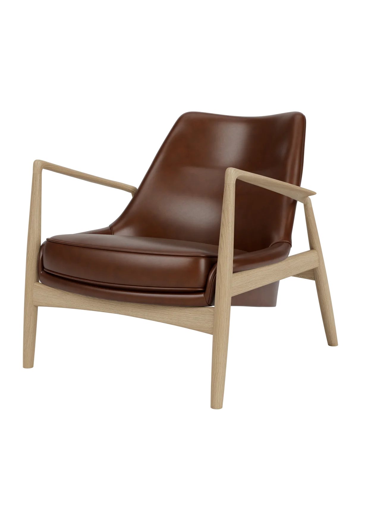 A Seal Lounge Chair, Low Back, with a sculpted natural oak frame and smooth, rich brown Dakar leather upholstery.