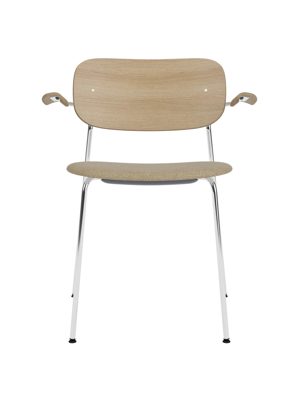 Co Dining Chair featuring a chrome frame, natural oak backrest and beige bouclé upholstered seat with armrests.