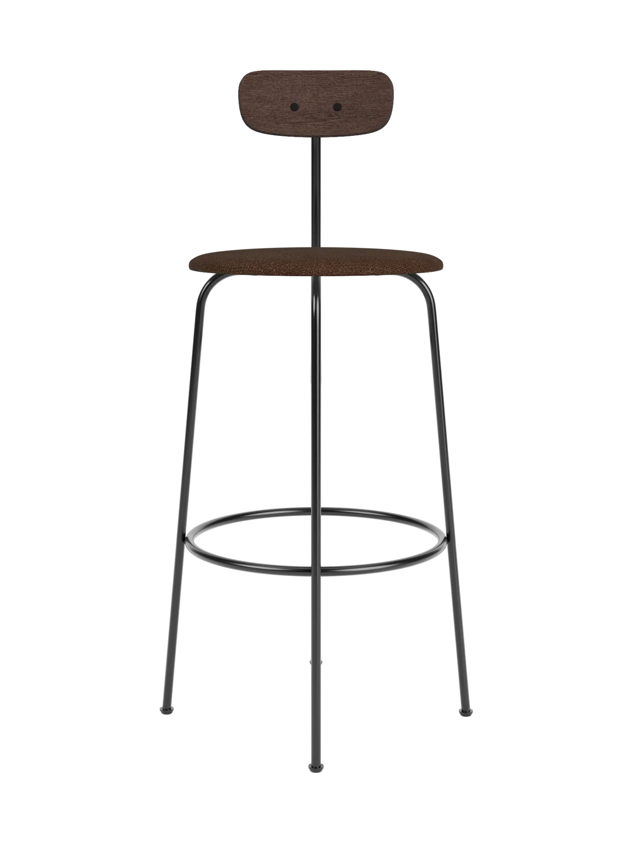 Afteroom Bar Chair with a brown bouclé upholstered seat and dark stained oak backrest on a minimalist black metal frame.