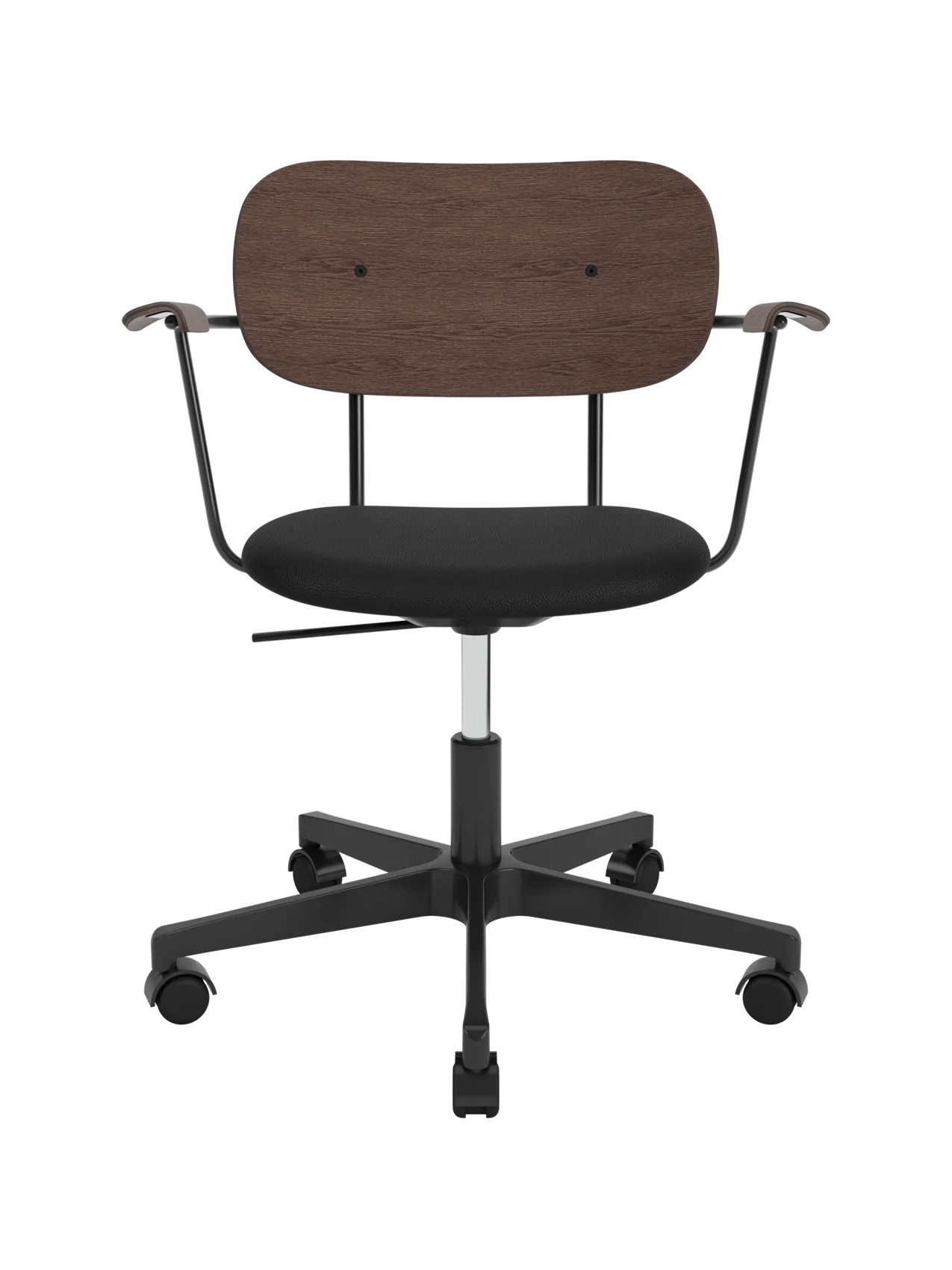 Co Task Chair with armrests, featuring a dark stained oak back and black Sierra leather seat on a black swivel base.