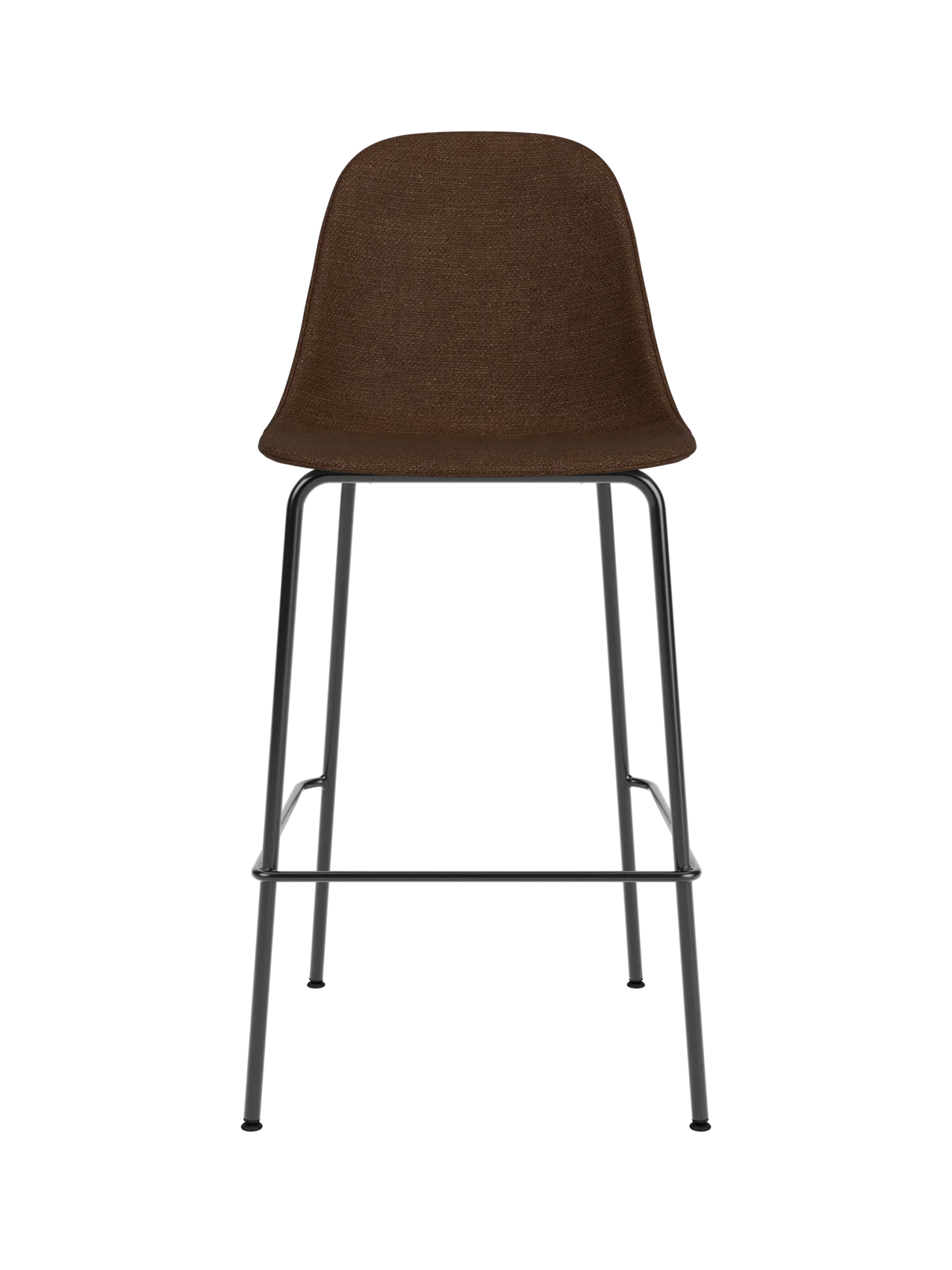 Brown Audo Bouclé 07 upholstered Harbour Side Bar Chair featuring a sleek black powder-coated steel bar-height base.
