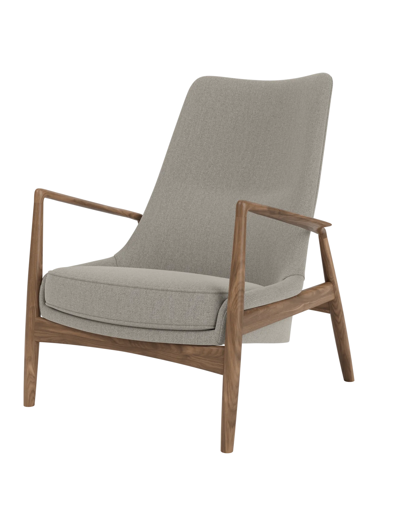 Three-quarter view of The Seal Lounge Chair, High Back, featuring a walnut frame and light grey Re-wool 0218 upholstery.
