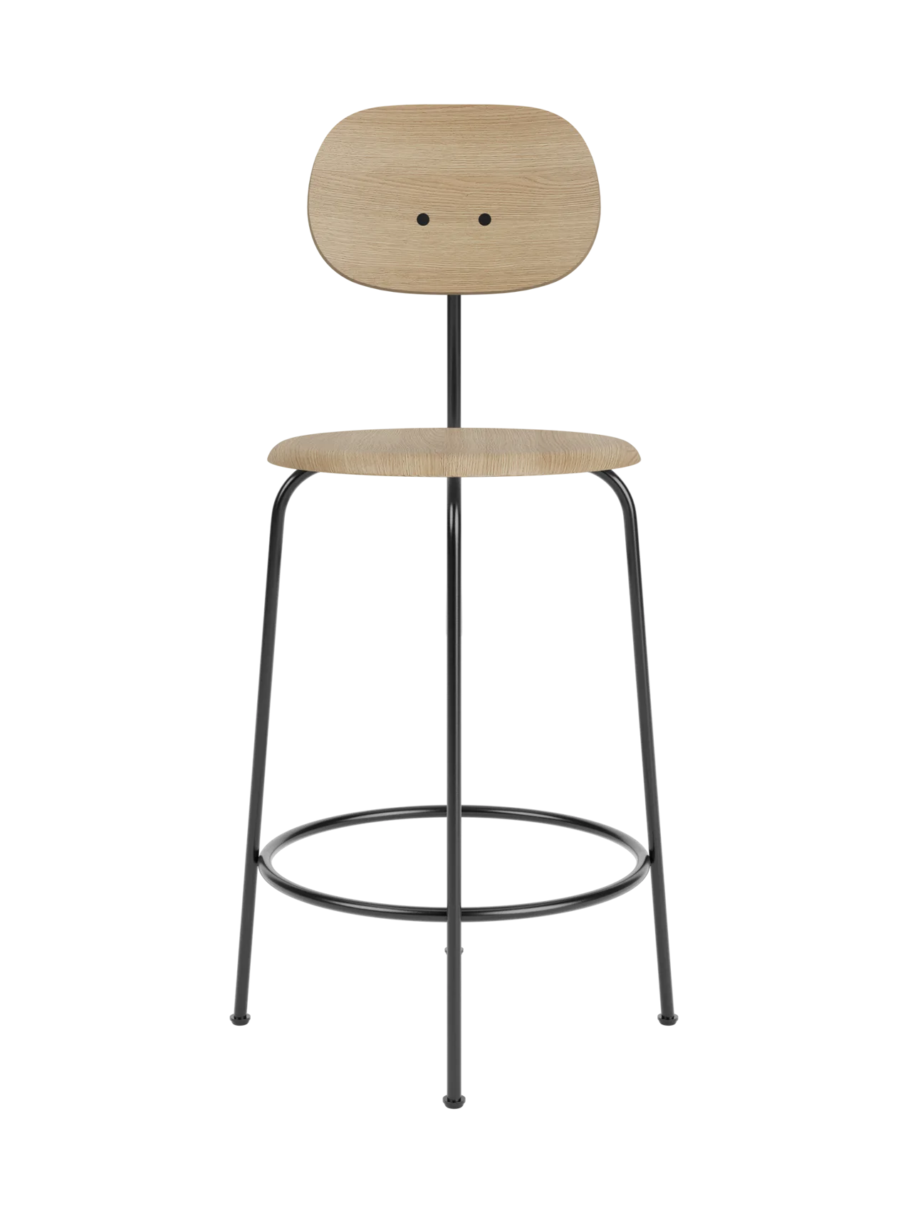 Afteroom Counter Chair Plus with a natural oak seat and backrest, set on a slender black powder-coated frame.