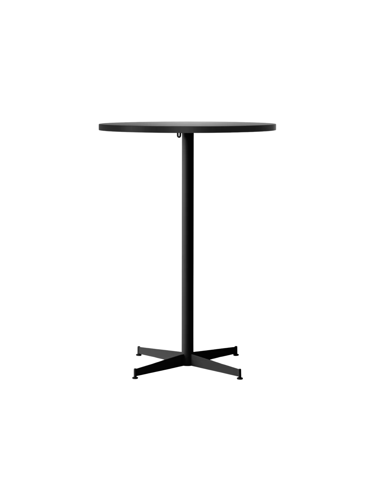 Front view of the Nook Bar Table, featuring a circular top and a slender black central leg with a four-pronged base.