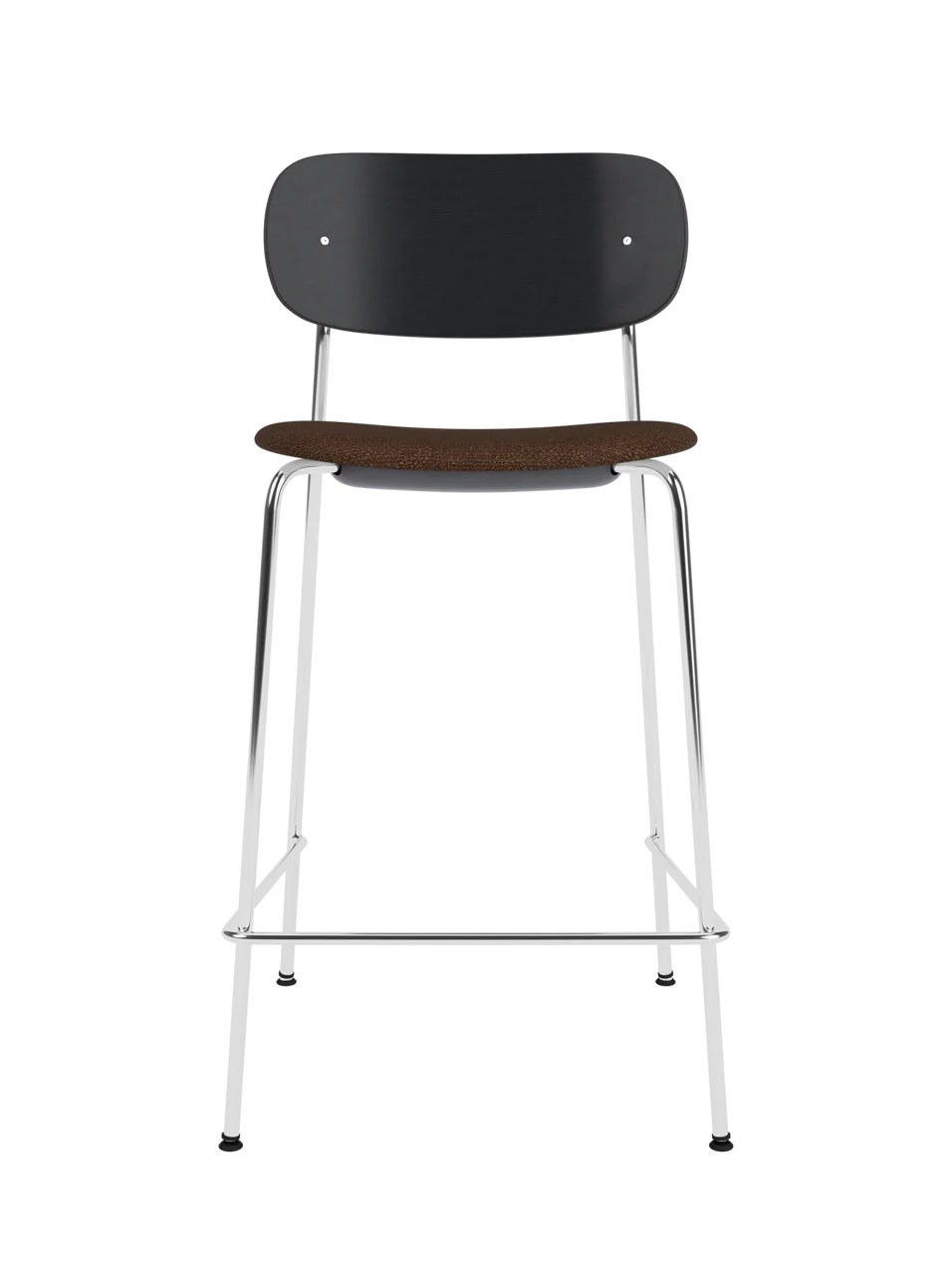 Co Counter Chair with a black painted oak back, bouclé upholstery seat, and chrome frame against a black background.