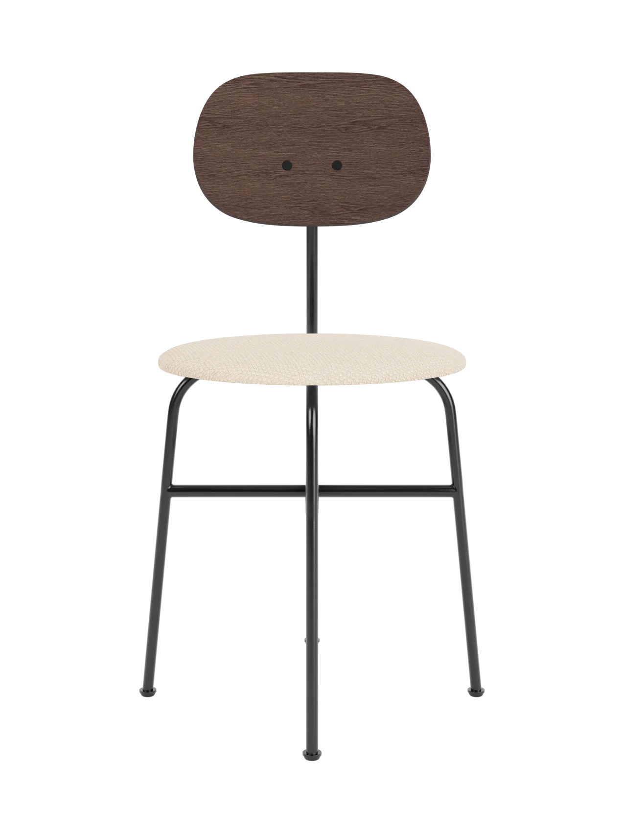 Afteroom Dining Chair Plus with a dark stained oak backrest and Logan Jasmine upholstered seat on a black steel frame.