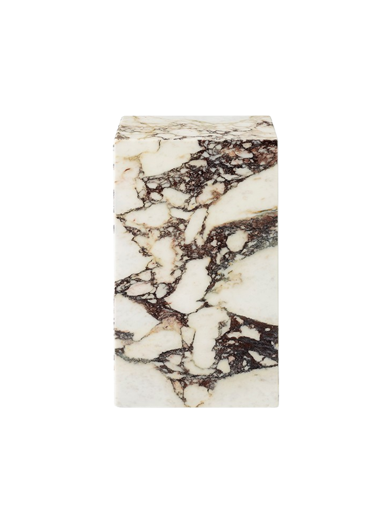 Front view of the Plinth Tall in Rose, a rectangular pedestal crafted from marble with dramatic, fragmented deep-red veining.