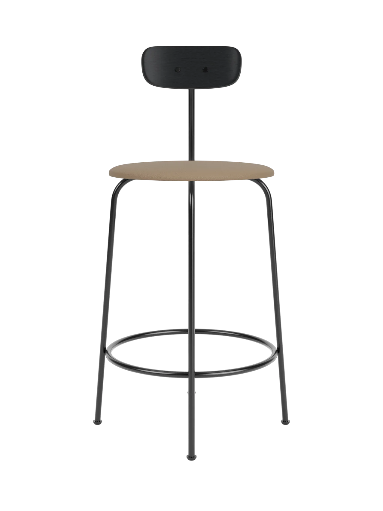 Afteroom Counter Chair featuring a black painted oak backrest, tan Sierra 1611 leather seat and a black steel frame.