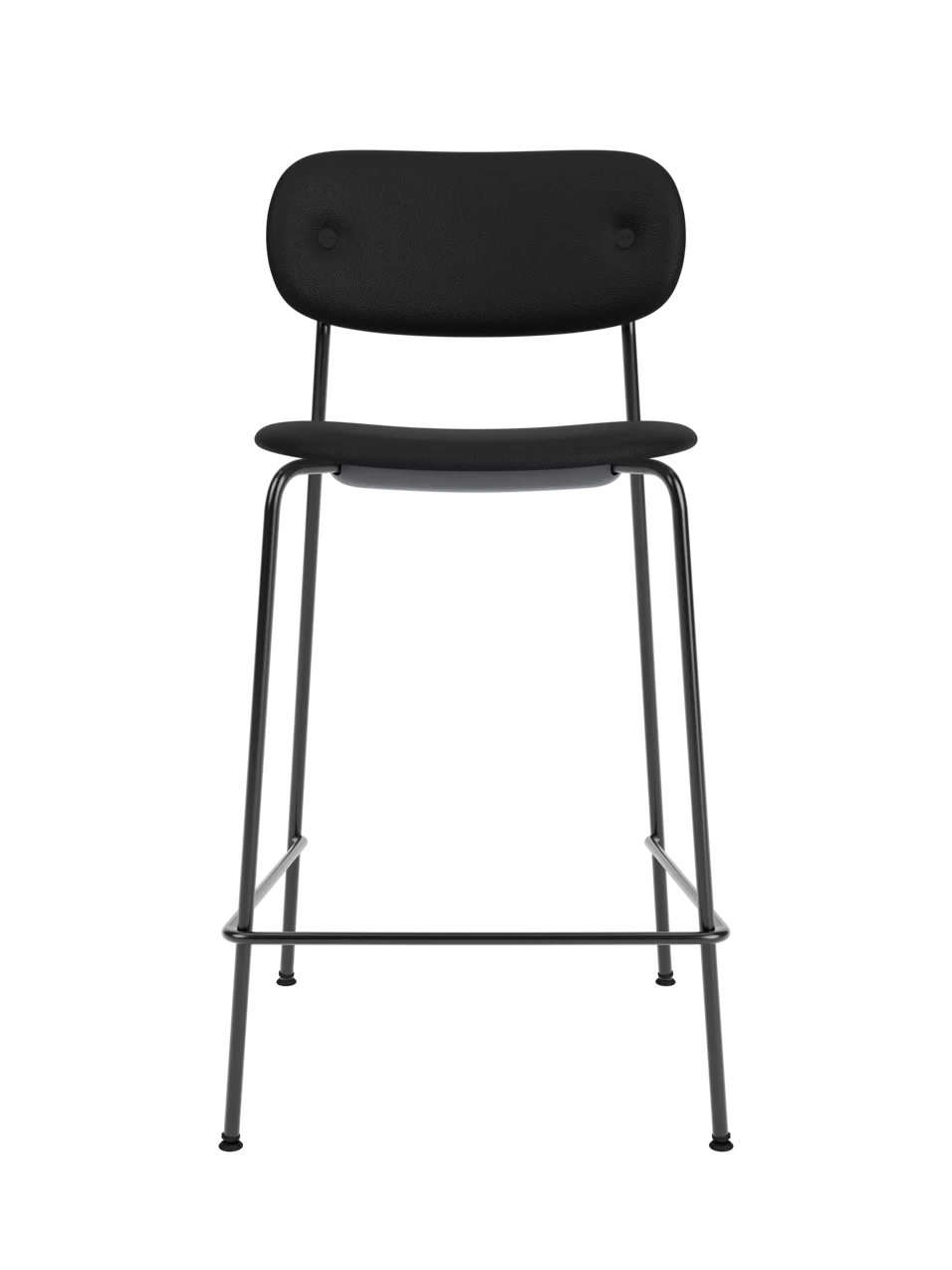 Black Co Counter Chair, Fully Upholstered with black steel frame shown from the front against a black background.
