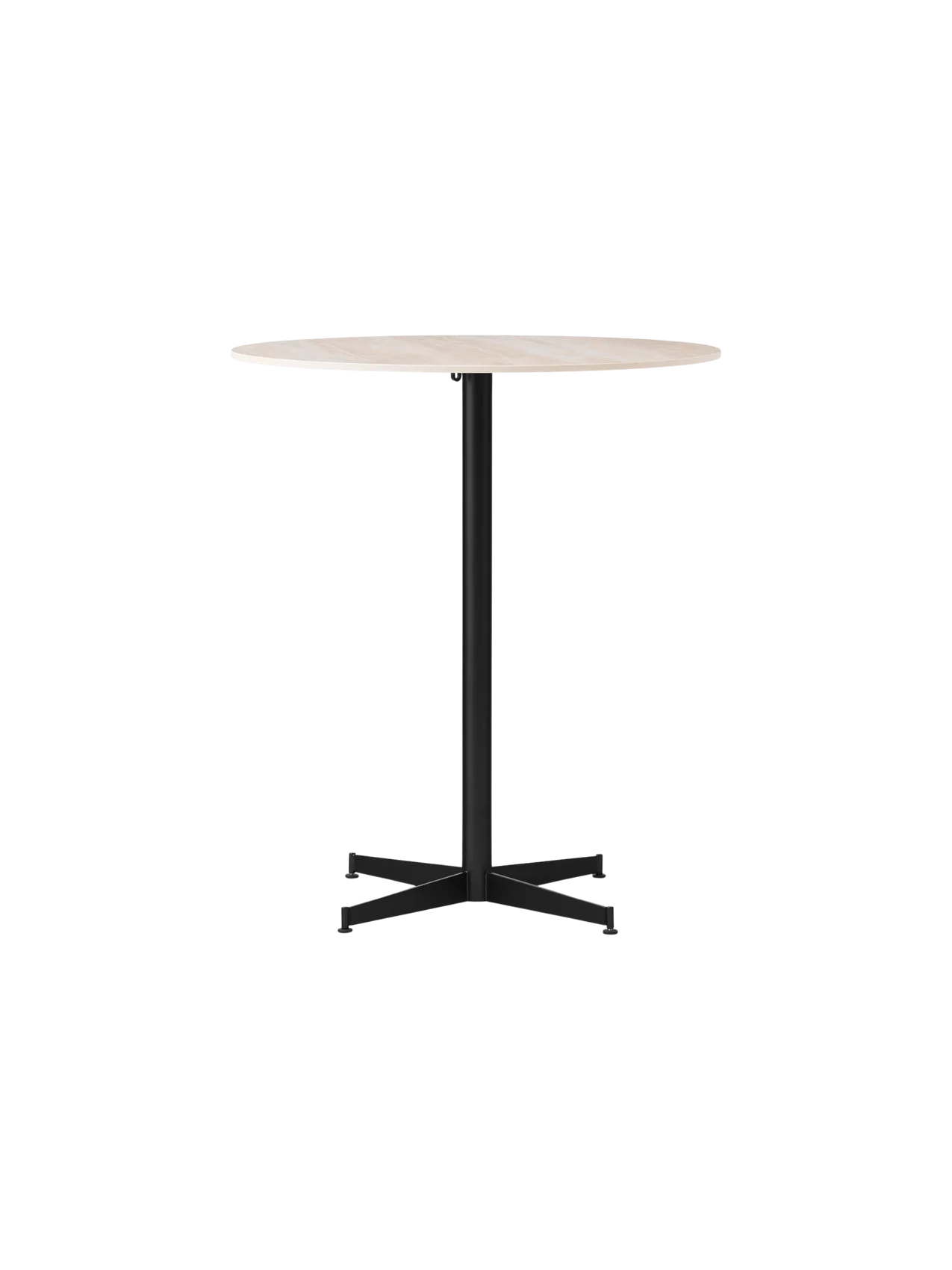Front view of the Nook Counter Table, featuring a round Kunis Breccia stone tabletop on a black powder-coated steel base.