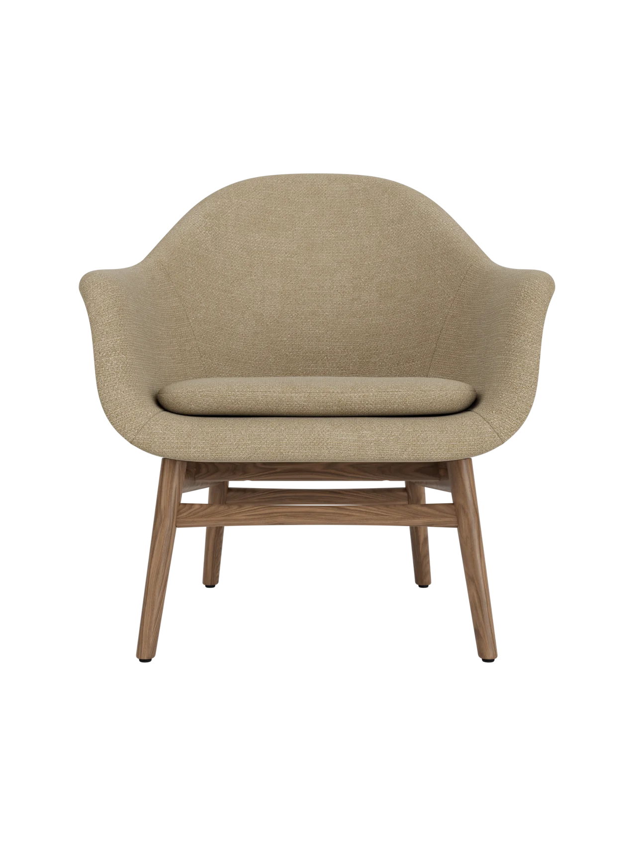 Harbour Lounge Chair in beige Audo Bouclé 02 upholstery with a solid walnut wood frame and sculptural, curved shell.