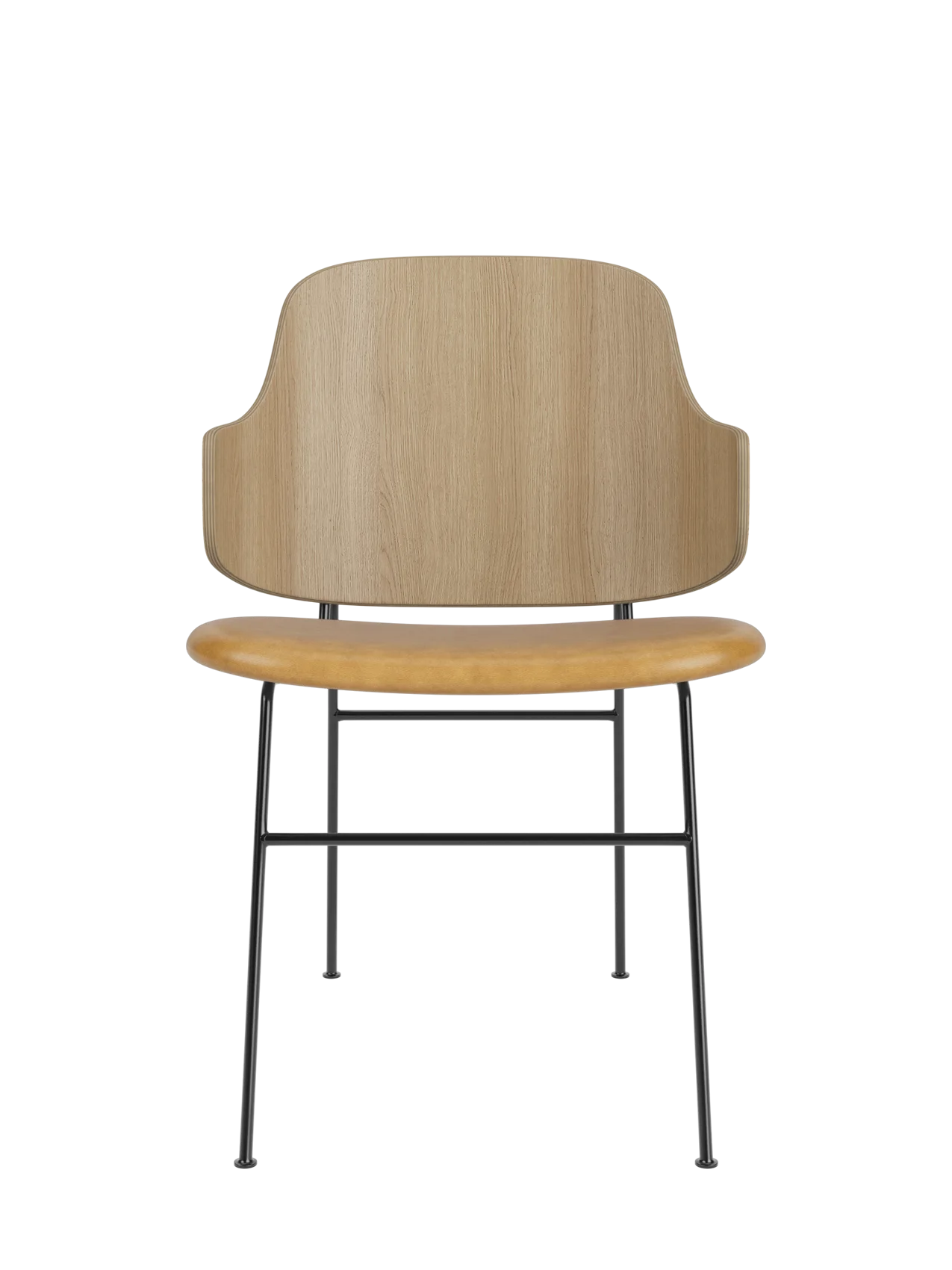 The Penguin Dining Chair with a natural oak back and tan upholstered seat on a slender black steel frame.