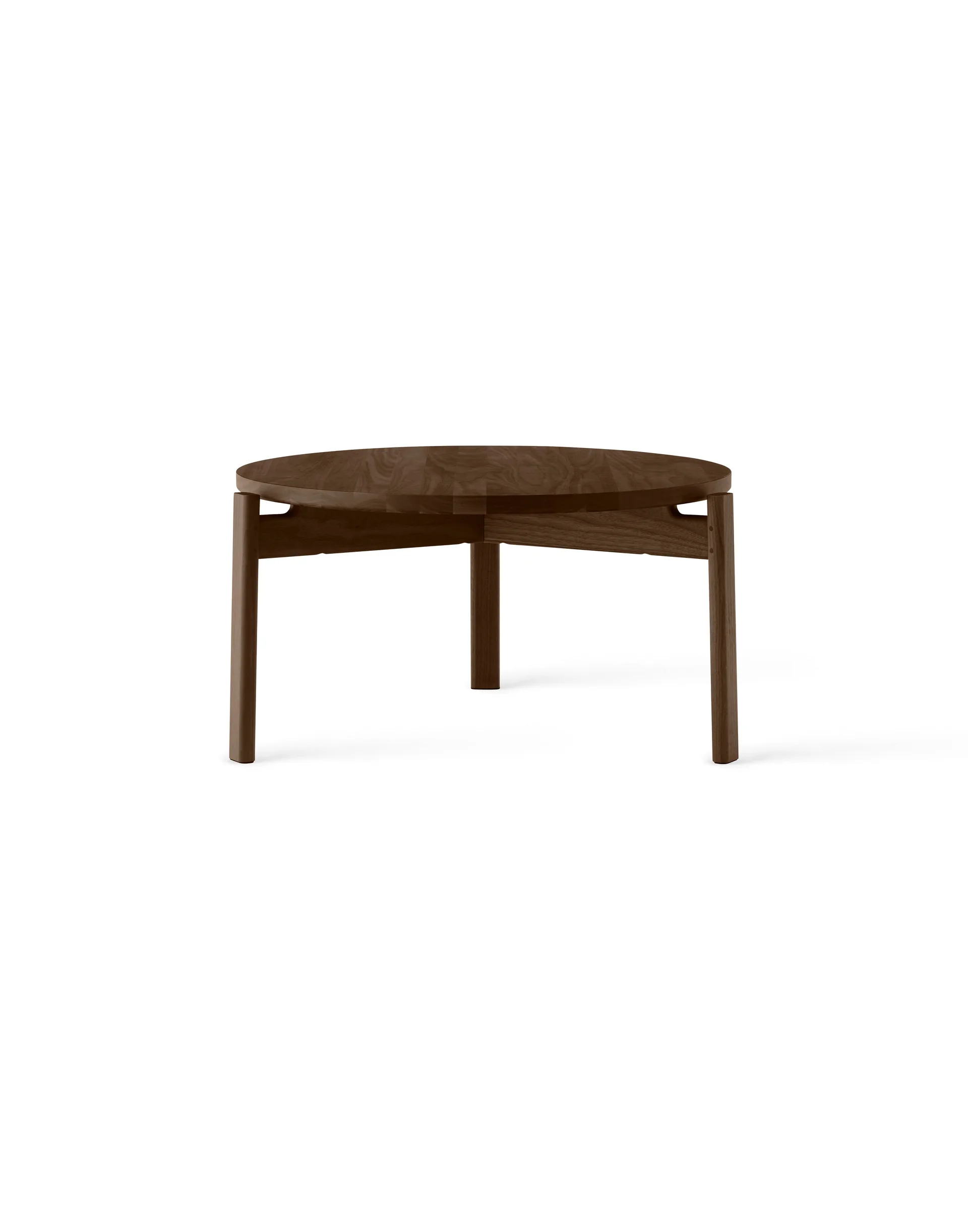 Round walnut wooden side table with tapered legs and visible grain, shown front-on against white background