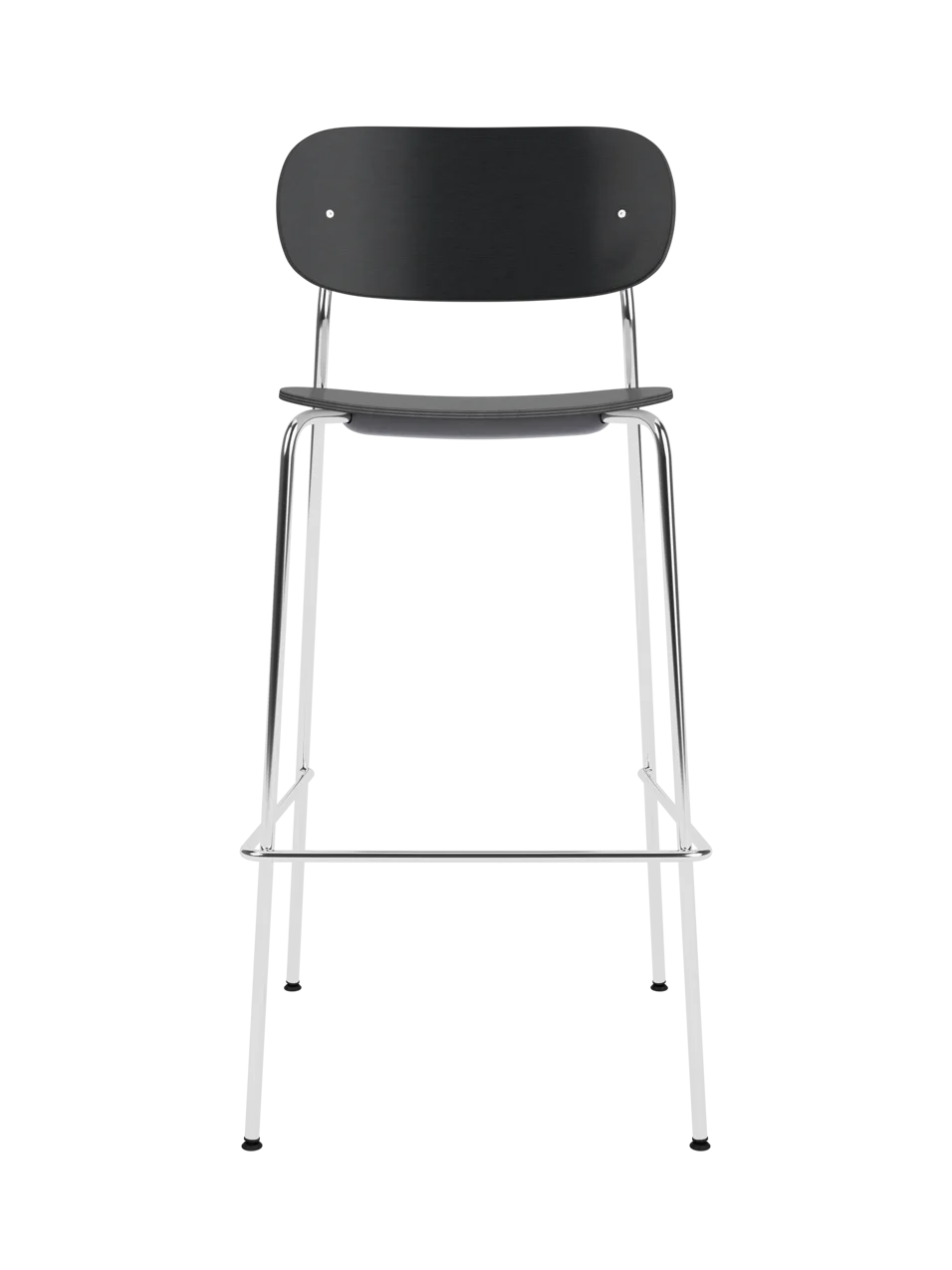 Co Bar Chair with black oak veneer and a chrome frame shown from the front against a black background.