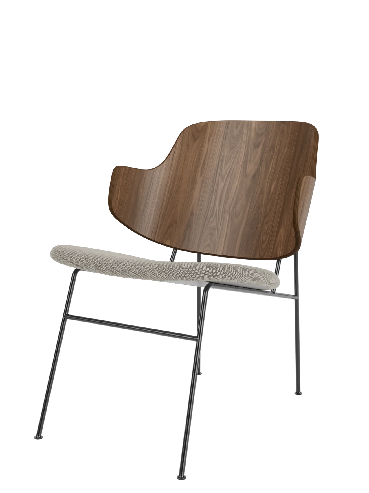 The Penguin Lounge Chair with a walnut backrest, light grey Re-Wool upholstered seat, and a slim powder-coated steel frame.