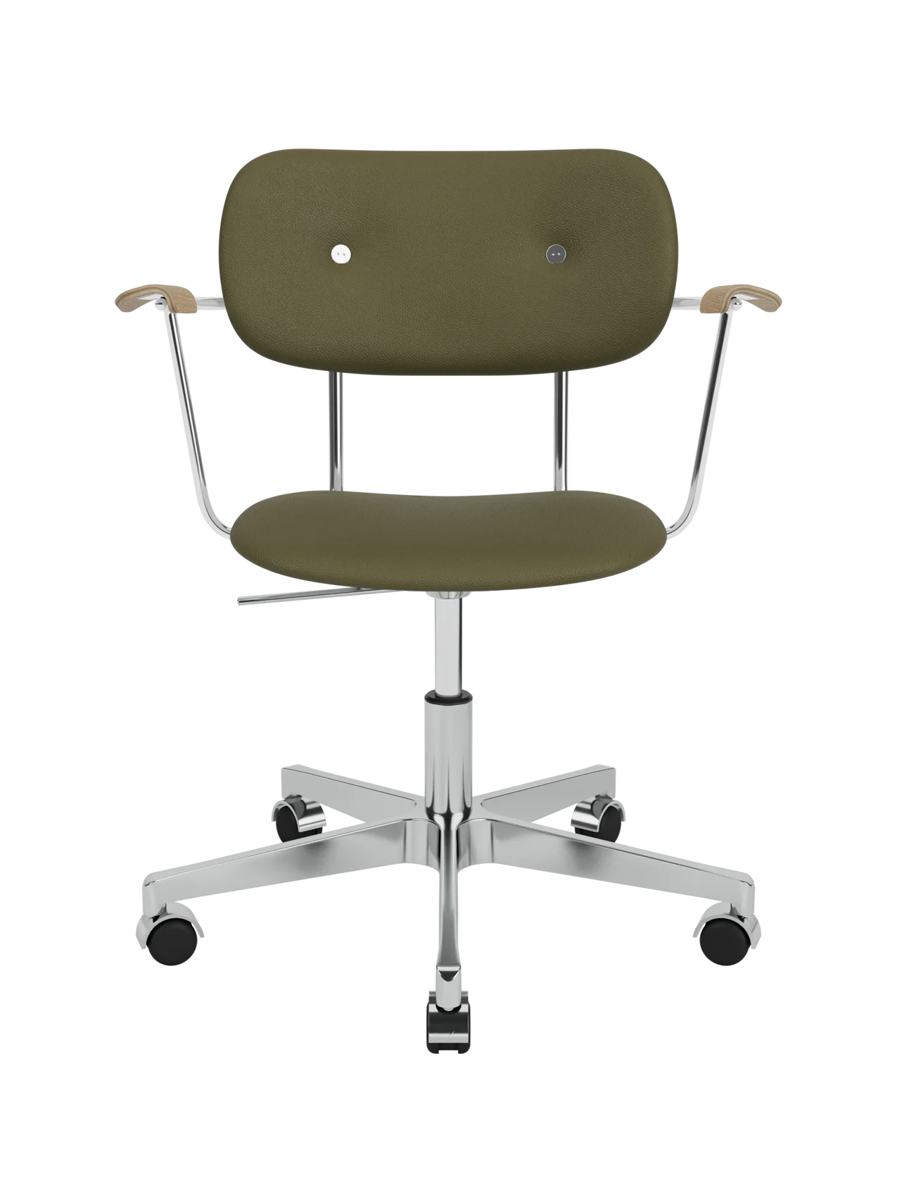 Co Task Chair with Sierra 0441 upholstery, natural oak armrests and a polished chrome swivel base with casters.