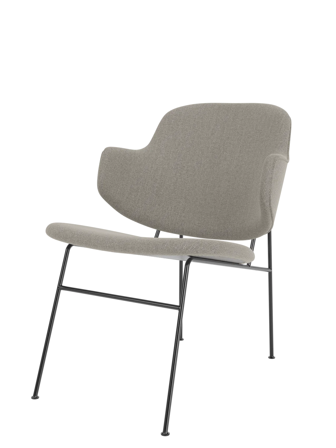 A three-quarter view of The Penguin Lounge Chair, Fully Upholstered in a light grey Re-Wool fabric with a black metal frame.
