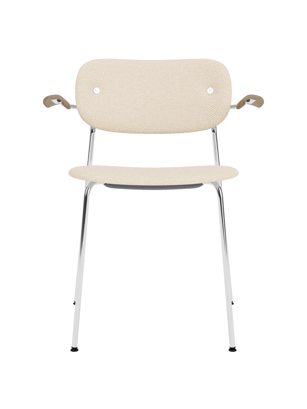 Fully upholstered Co Dining Chair in Logan Jasmine fabric with natural oak armrests and a polished chrome frame.