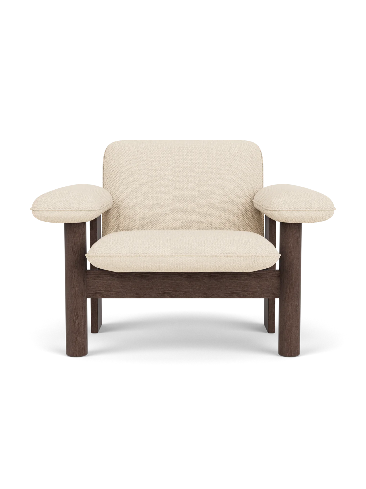 Front view of the Brasilia Lounge Chair, Low Back, with a dark stained oak frame and light Logan Jasmine textile upholstery.
