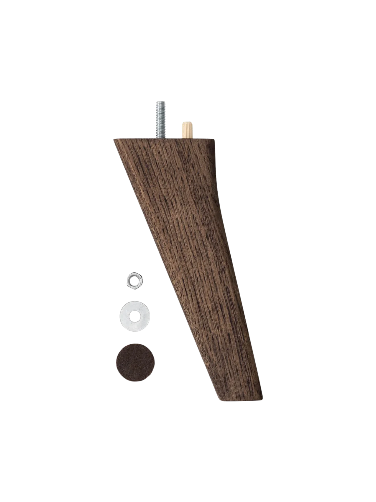 A single, tapered furniture leg in dark wood, shown with assembly hardware including a screw, dowel, washers, and felt pad.