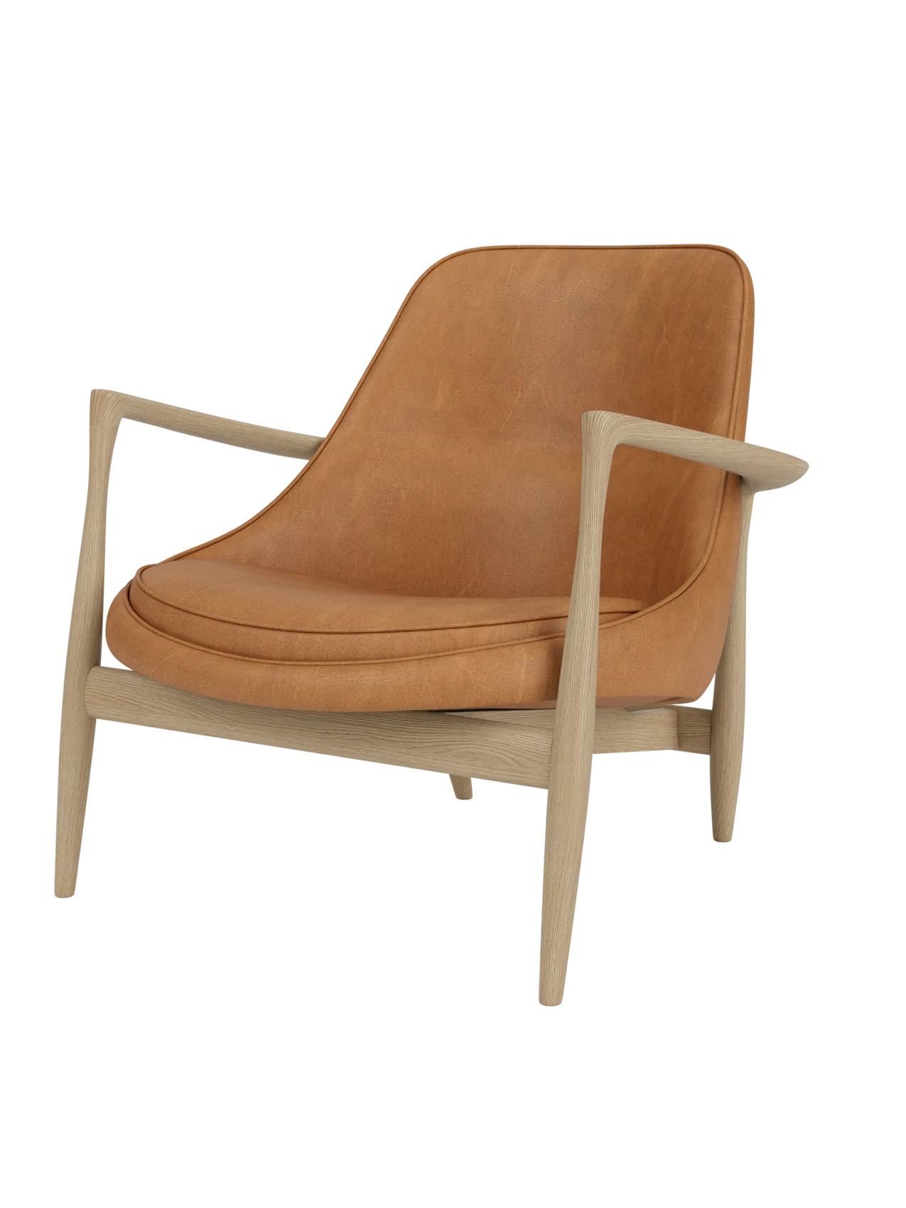 A three-quarter view of the Elizabeth Lounge Chair, featuring a sculpted natural oak frame and cognac leather upholstery.