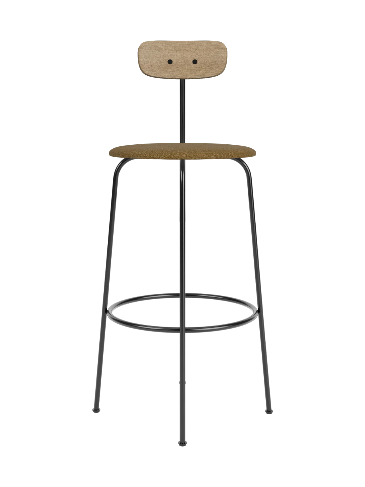 Afteroom Bar Chair featuring a black steel frame, natural oak backrest and a brown bouclé upholstered seat.