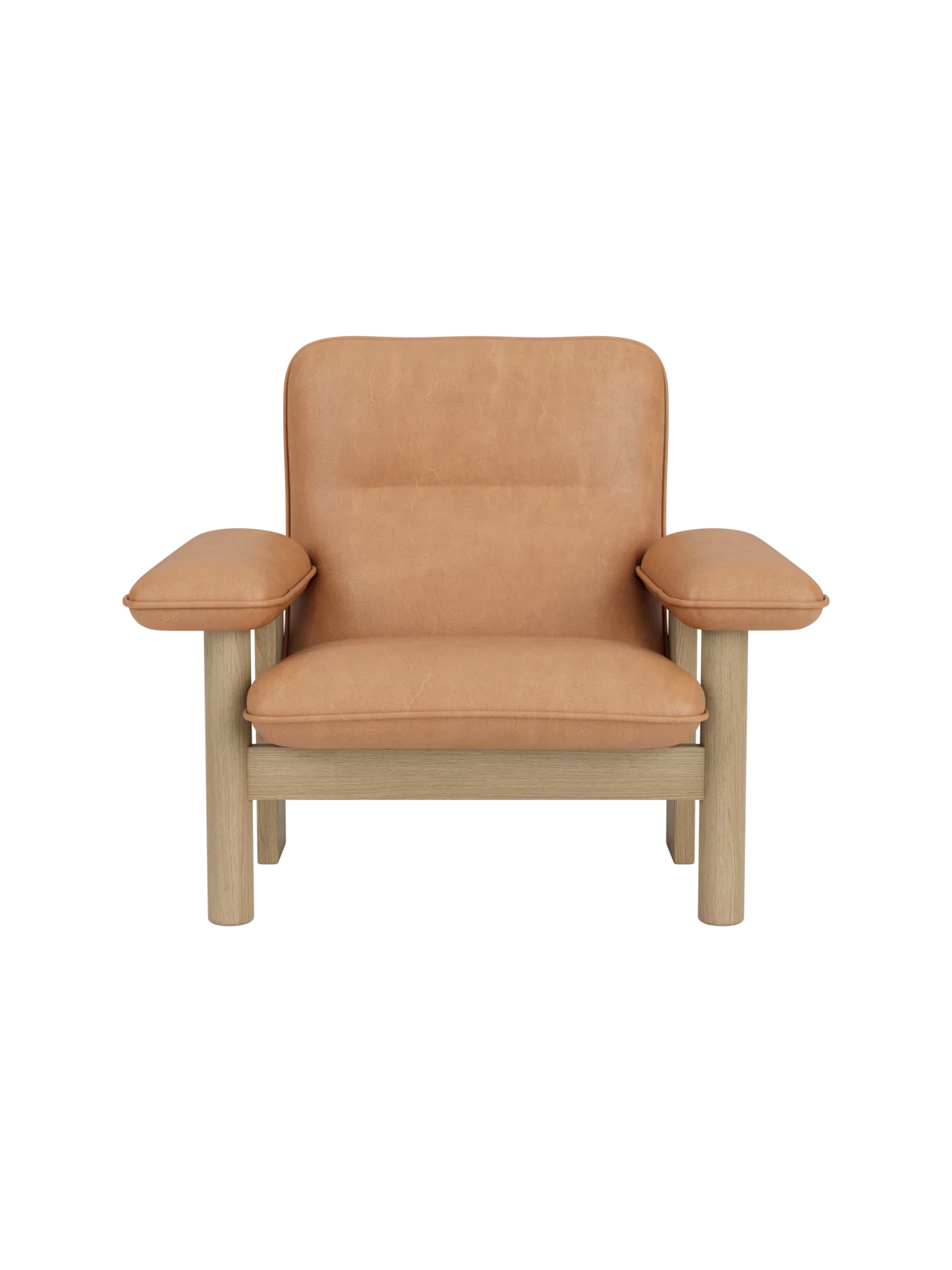 Brasilia Lounge Chair in natural oak and camel leather. A minimalist modern armchair with a sturdy frame and plush cushions.