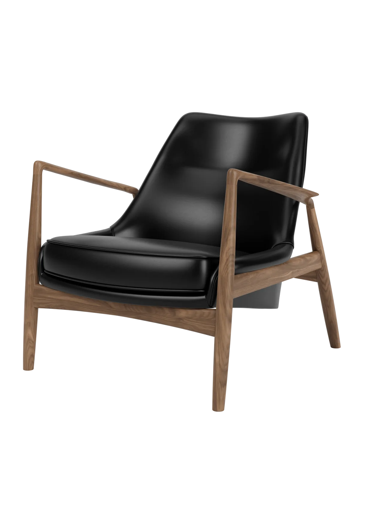 A three-quarter view of The Seal Lounge Chair, Low Back, with black leather seat and backrest and a walnut frame.