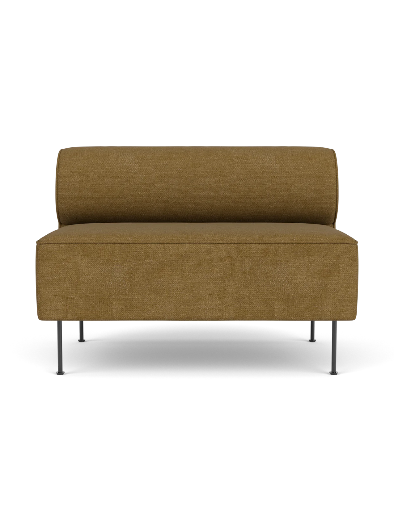Front view of the Eave Dining Sofa, an open section module, upholstered in a textured ochre Audo Bouclé 06 fabric.