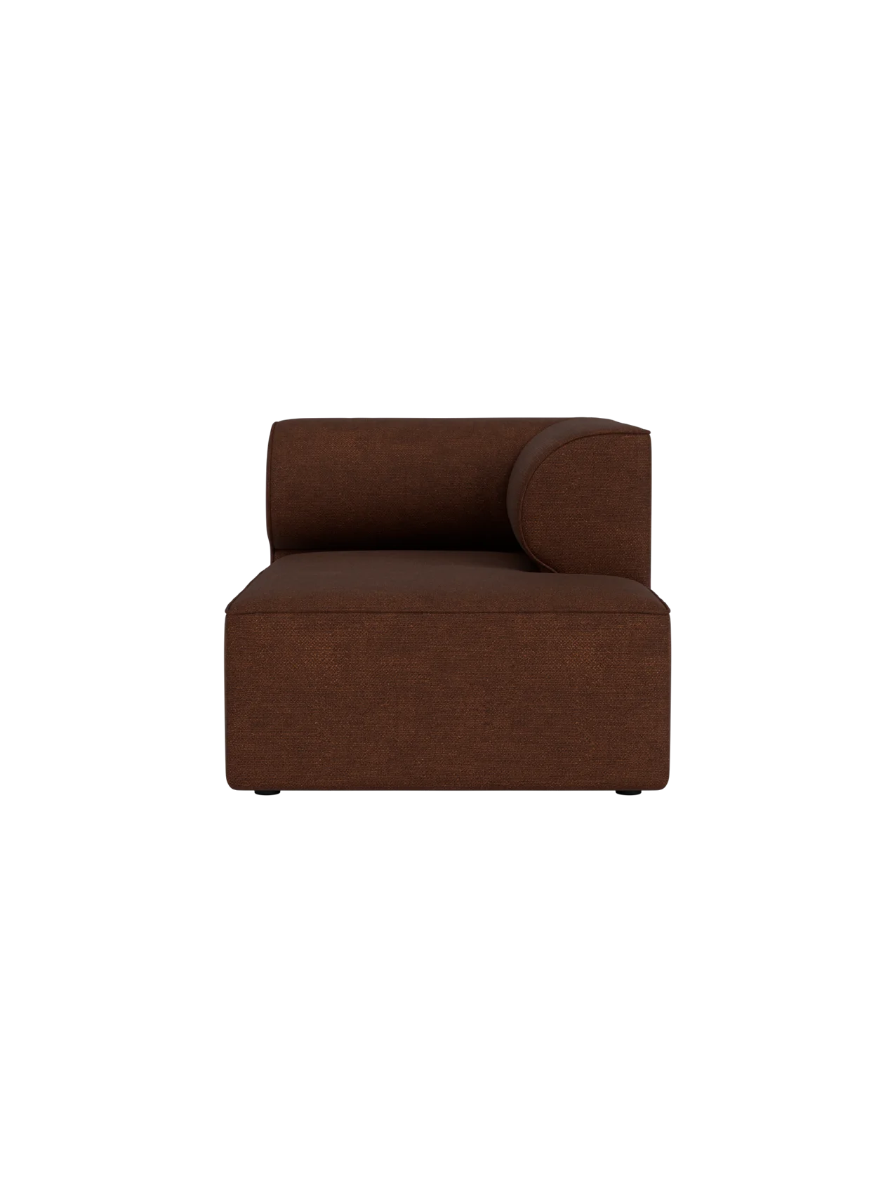 A front-facing view of the Eave Modular Sofa Chaise Longue, upholstered in a textured, dark brown Audo Bouclé 08 fabric.