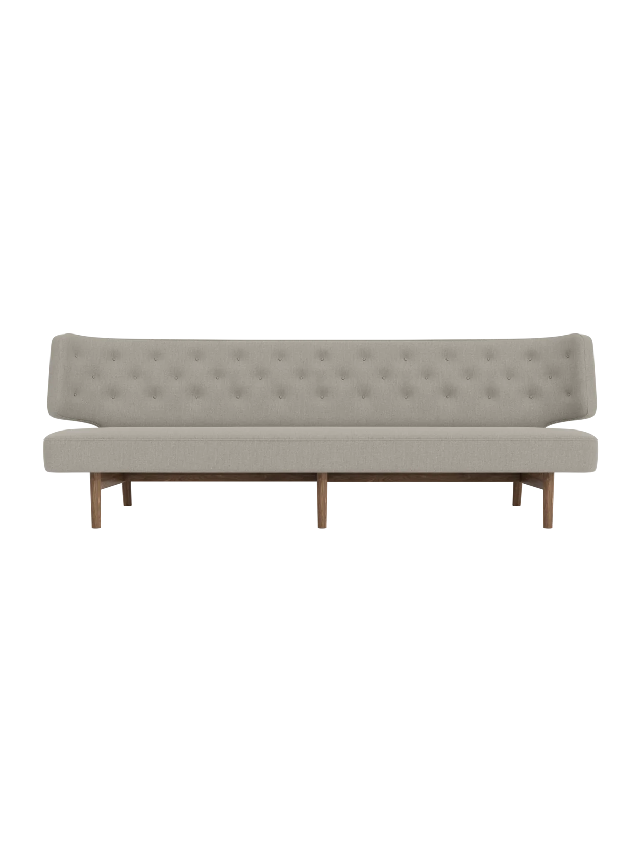 Radiohus 3-seater Sofa in grey Re-wool 218 upholstery with walnut wood legs and a curved, quilted backrest.