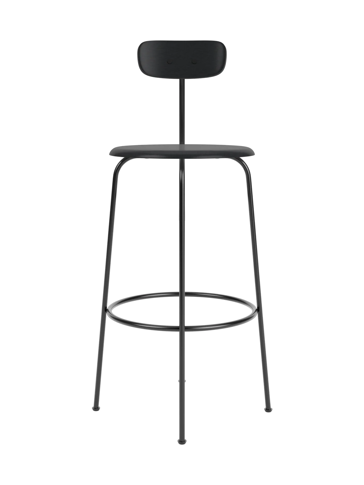 Front view of the Afteroom Bar Chair, Veneer in black. A minimalist design with a steel frame and wood veneer.