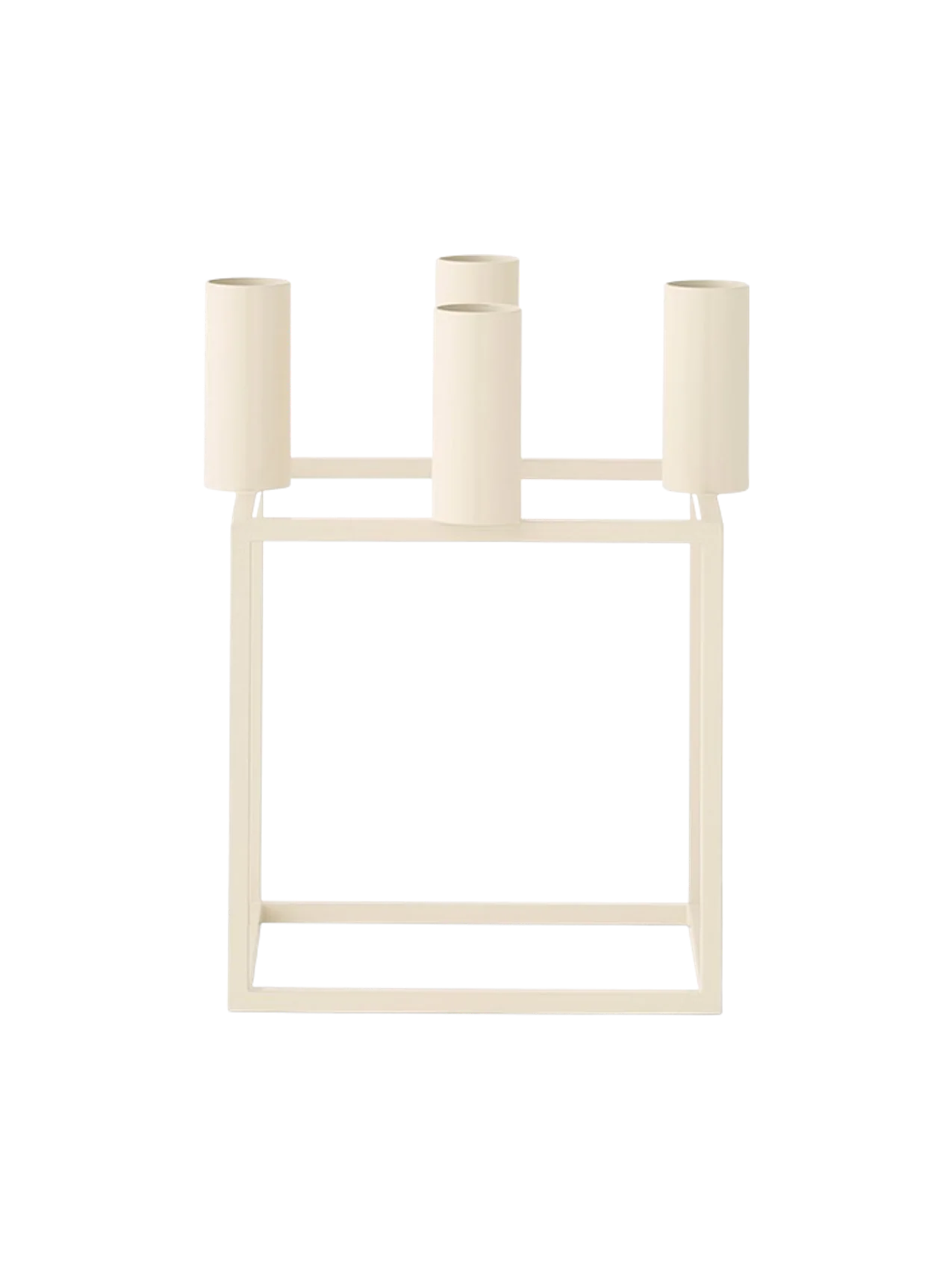 A front view of the ivory Kubus 4 candle holder, a square metal frame with four cylindrical holders for taper candles.