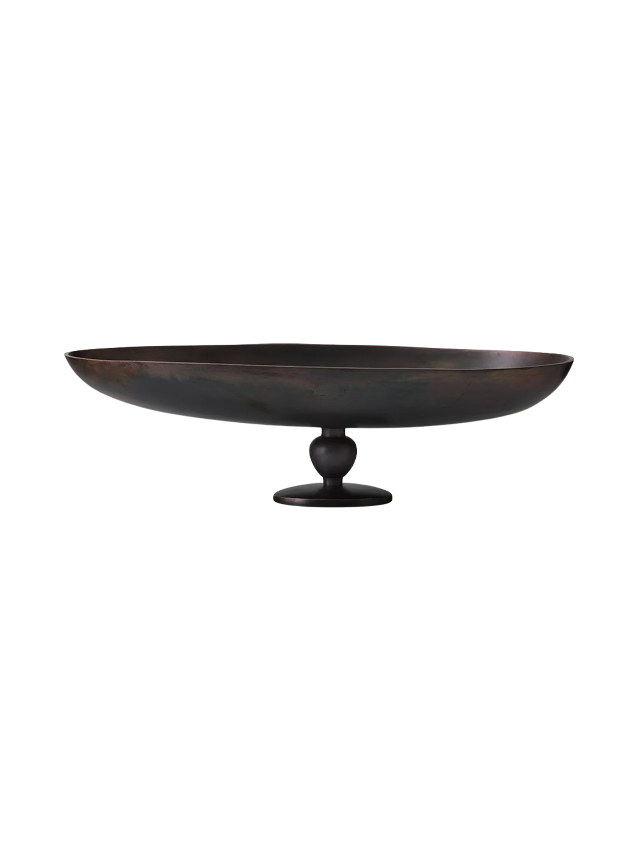 Front view of the Relevé Platter in black wood, showcasing its wide, shallow oval shape atop a short, sculpted pedestal base.