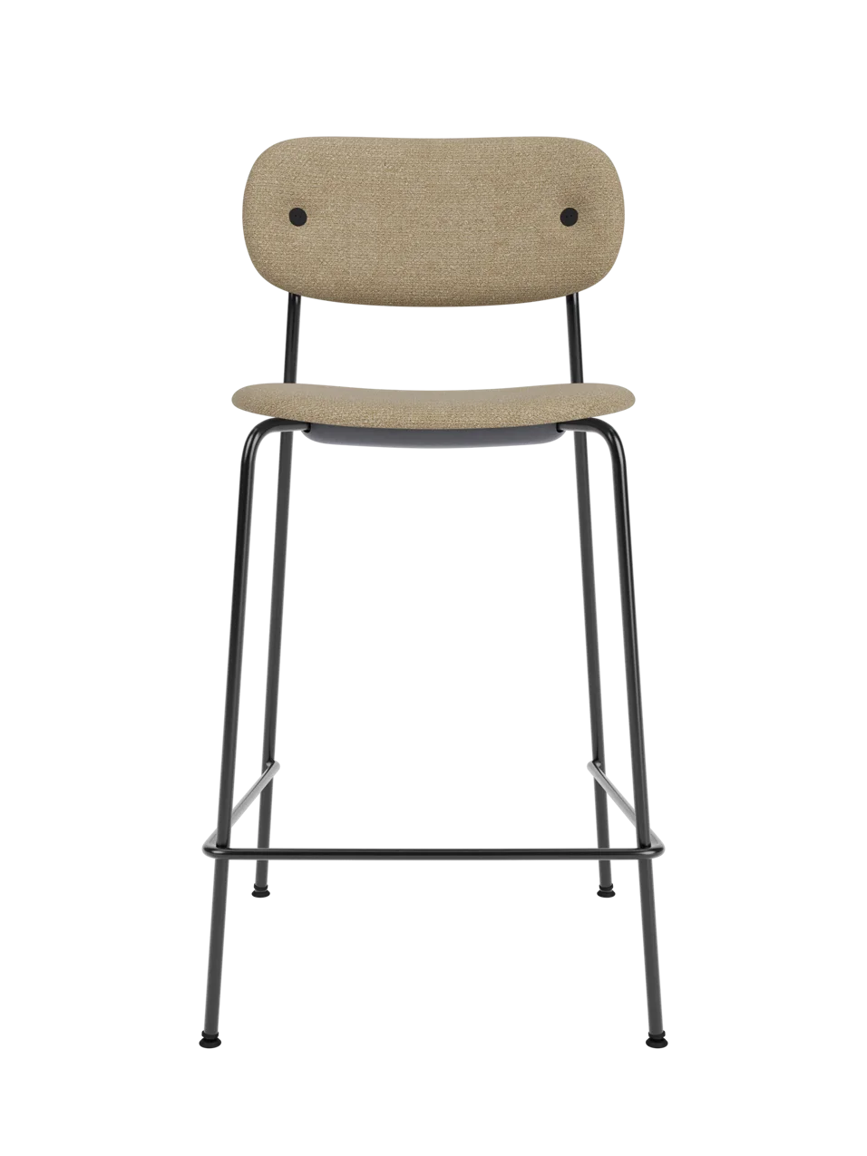 Co Counter Chair in Audo Bouclé 02 upholstery with a black steel frame, viewed from the front against a black background.