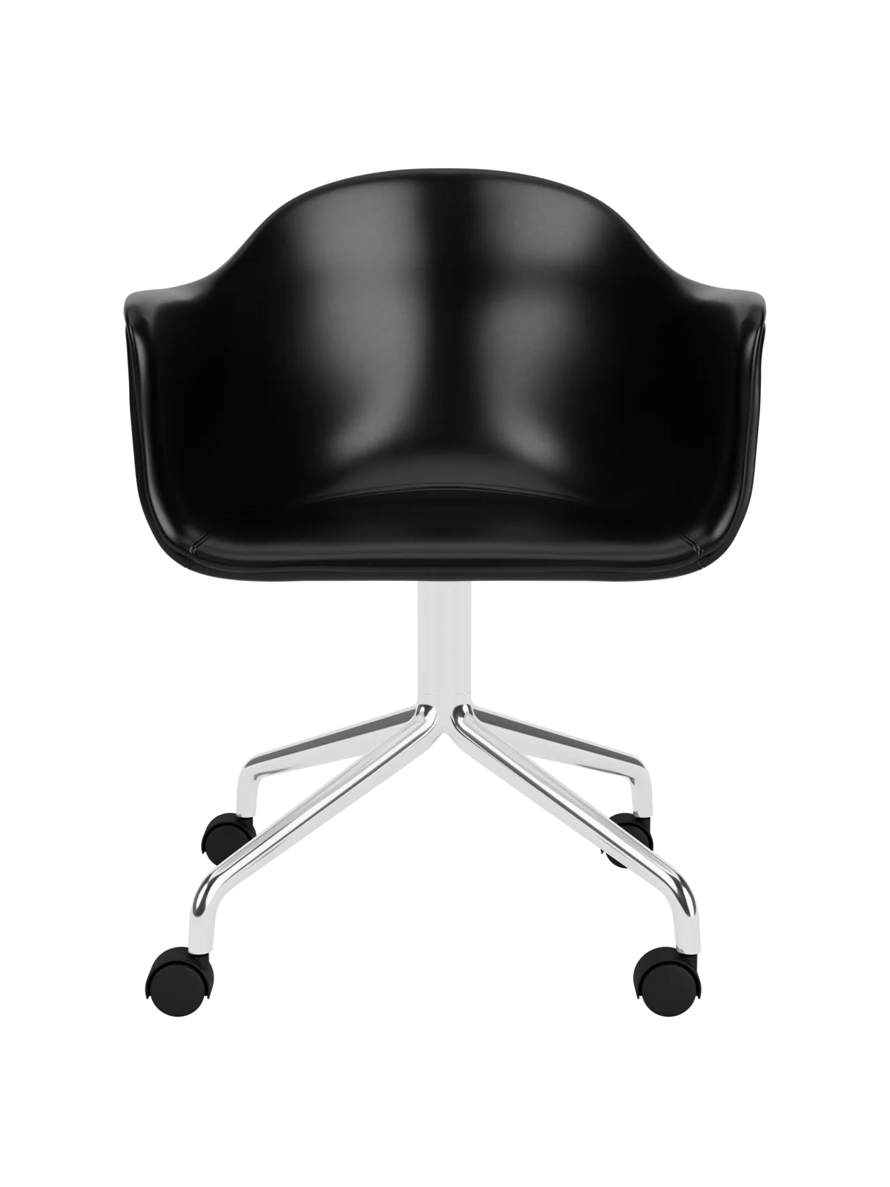 Black leather Harbour Dining Chair featuring a polished aluminium star base with castors against a white background.
