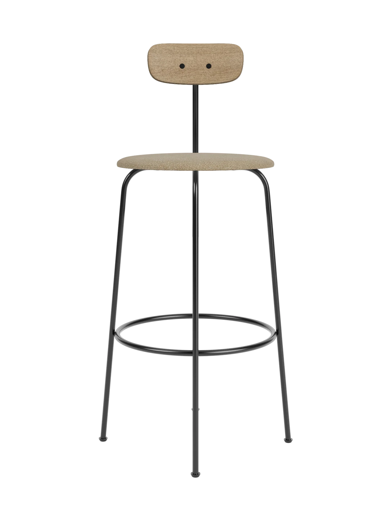 Afteroom Bar Chair with a tan bouclé upholstered seat and natural oak backrest on a minimalist black steel frame.