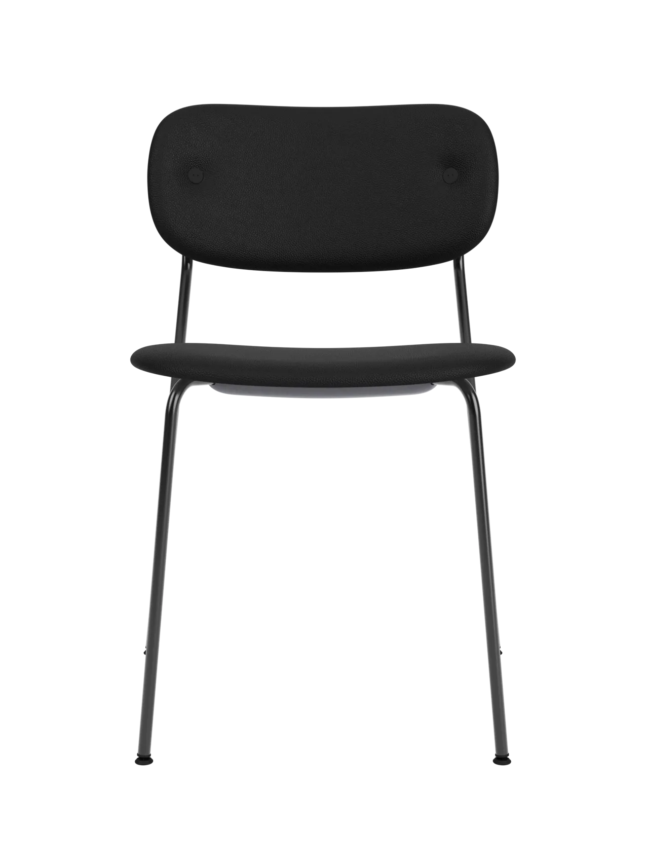 Fully upholstered Co Dining Chair in black Sierra leather with a slender black steel frame, viewed from the front.