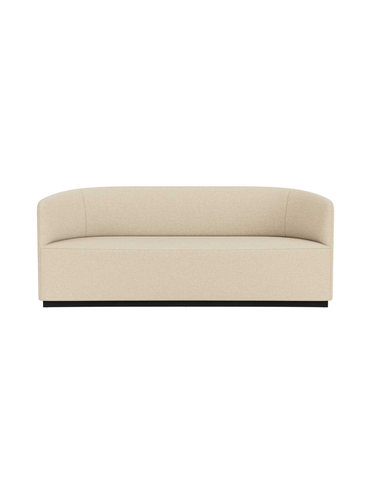 A front-on photograph of the Tearoom Sofa upholstered in a light beige Logan Sand fabric, set against a black background.