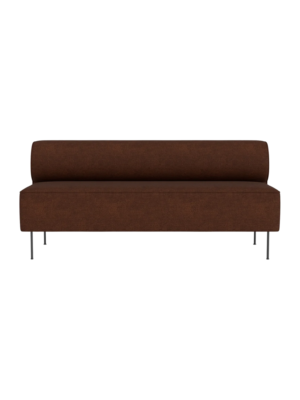 Front view of the Eave Dining Sofa in textured brown fabric, with a long seat and backrest on slender metal legs.